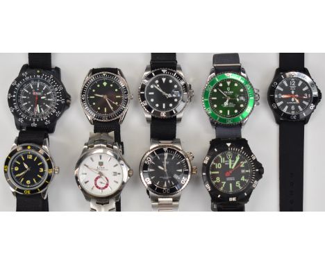 Nine various gentleman's wristwatches including diver's and military style examples, Casio, Tevise, Military Royale etc.&nbsp