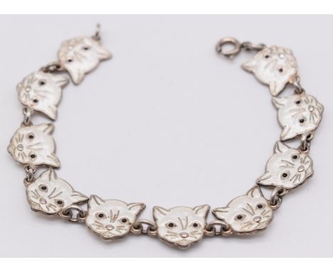Vintage Danish silver and enamel cat bracelet by Meka of Copenhagen (1951-1989), each link modelled as a cat and decorated wi
