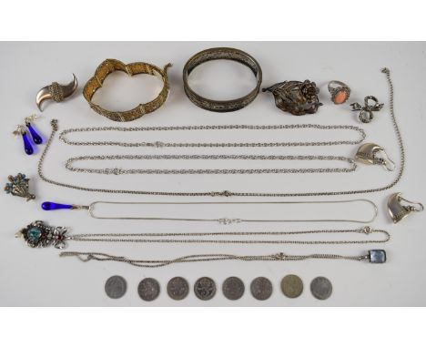 A collection of silver jewellery including Austro-Hugarian pendant set with turquoise, pearl and paste, two filigree bracelet