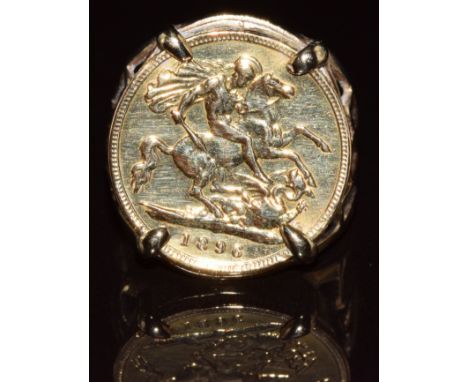 A 9ct gold ring set with an 1896 gold half sovereign, size R, 7.8g