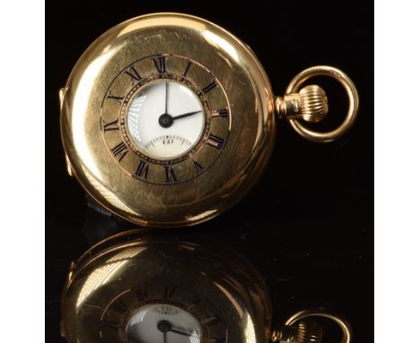 Unnamed 9ct gold keyless winding half hunter pocket watch&nbsp;with subsidiary seconds dial, blued hands, black Roman numeral