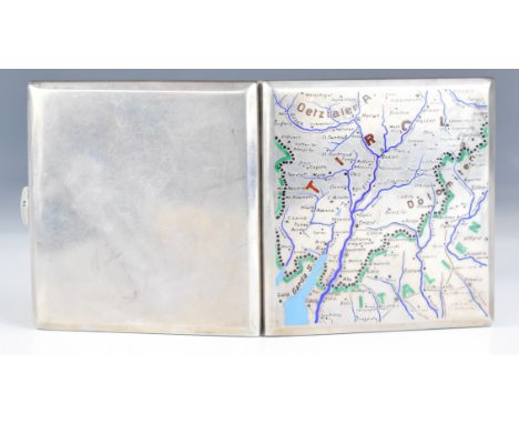 Austrian silver and enamel cigarette case, decorated with a map of the Tirol or Tyrol, Austria and Northern Italy including L