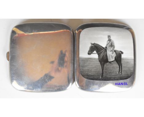 Austrian silver and enamel cigarette case decorated with a picture of a man atop a horse and with name Hansl lower right, wit