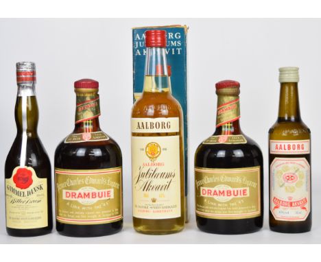 Five bottles of alcohol comprising Aalborg Akvavit 35cl 45%, Aalborg Jubilaeums Akvavit 70cl 45% in original box, Gammel Dans