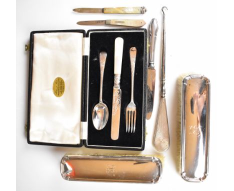 Hallmarked silver items comprising cutlery set with mother of pearl handled knife, Sheffield 1910, maker&nbsp;W S Savage &amp