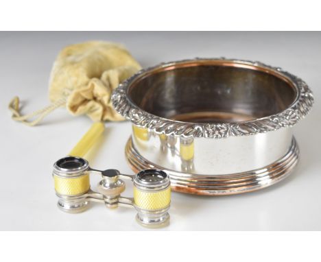 Sorley Glasgow mother of pearl and yellow guilloch&eacute; enamel decorated opera glasses together with a Sheffield plate win