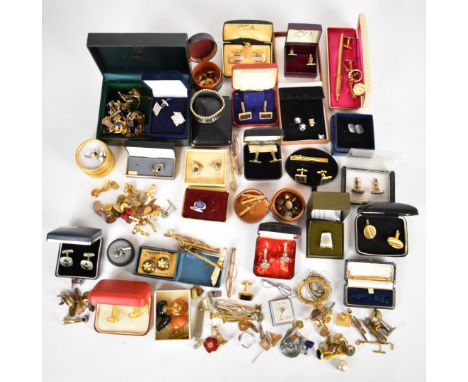 A collection of cufflinks, studs and tie clips including Merlin, Stratton, Toledo, gold plated and rolled gold