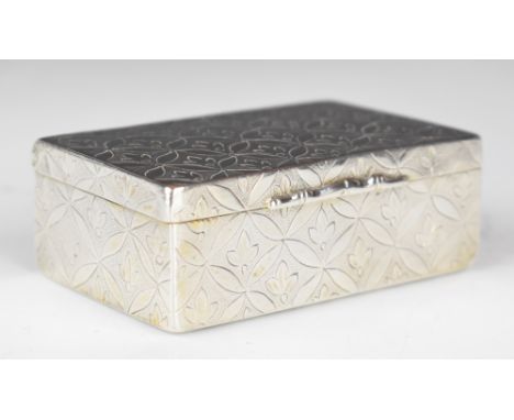 Likely continental silver snuff or similar box with engraved decoration and gilt interior, length 8cm, weight 83g