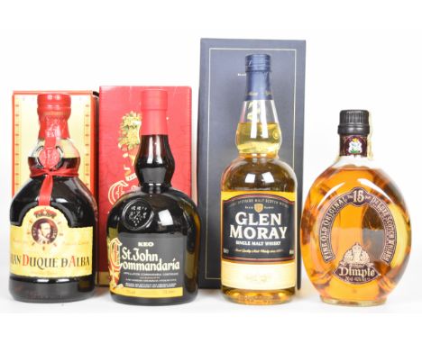 Four bottles of alcohol comprising Glen Moray Single Malt Whisky 70cl 40%, in original box, Dimple Fine Original DeLuxe Scotc