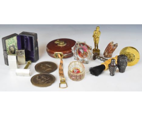 Collectibles including bronze figure of a soldier, 19thC portrait, salts, bronze sword fittings, bone corkscrew, John Hunter 
