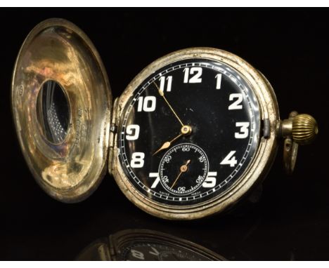 Hallmarked silver keyless winding half hunter pocket watch with subsidiary seconds dial, gold hands, white Arabic numerals, b