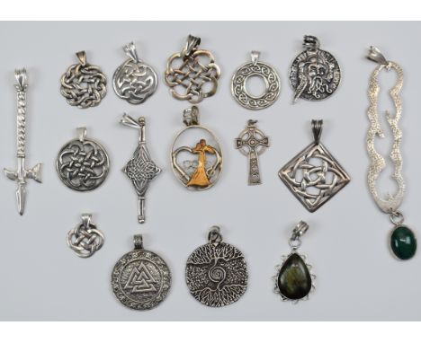 Sixteen silver pendants including nine in a Celtic design, one set with labradorite, etc