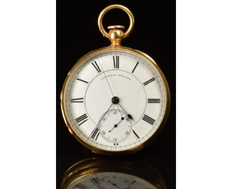 E D Johnson of London 18ct gold open faced pocket watch with inset subsidiary seconds dial, blued hands, black Roman numerals