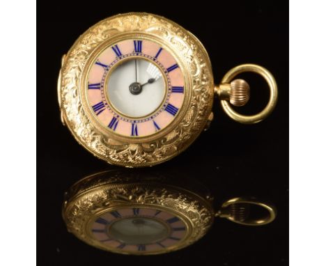 Continental 18ct gold keyless winding half hunter pocket watch with black Roman numerals, blued hands, white enamel dial, blu