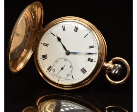 Zenith 9ct gold keyless winding full hunter pocket watch with subsidiary seconds dial, blued hands, black Roman numerals, whi