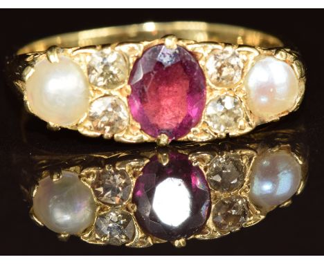 Victorian 18ct gold ring set with an oval cut garnet, split pearls and old cut diamonds, 3.8g, size R