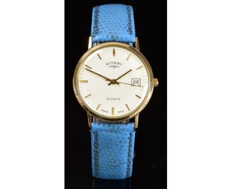 Rotary 9ct gold gentleman's wristwatch with date aperture, gold hands and baton hour markers, white dial and quartz movement,