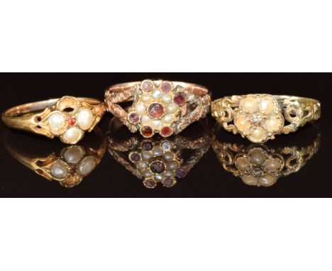 Two Victorian / Edwardian 9ct gold&nbsp;rings, one set with seed pearls and paste and the other a diamond surrounded by split