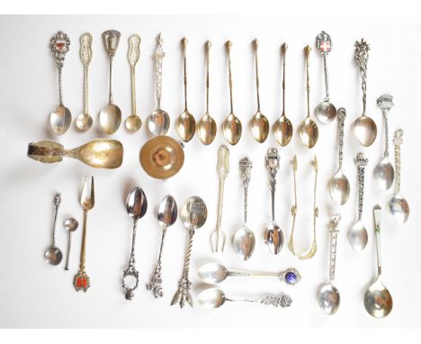 Silver collector's spoons, most marked 800, including German, Austrian and a guilloch&eacute; enamel example, together with a