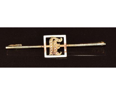 A 15ct gold brooch set with enamel and seed pearls, 4.1g