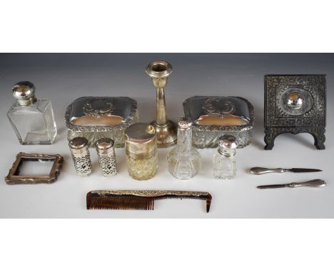 Hallmarked silver mounted and lidded items including a pair of cut glass dressing table pots, peppers with blue glass liners,