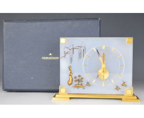 Jaeger LeCoultre Marina mantel skeleton clock with Chinoiserie decoration and gilt base, in original box, clock 22 x 16 x 4.5