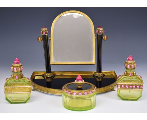 Emperor Tsar Nicholas II Russian interest gilt metal enamel and glass dressing table set comprising swing frame mirror and th