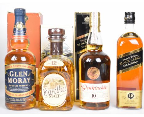 Four bottles of Scotch Whisky comprising Glen Moray 70cl 40% vol, Glenkinchie 10 Years Old 70cl 43%, Cardhu Pure Malt 75cl 40