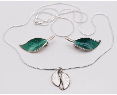 David Andersen Norway&nbsp;pair of&nbsp;silver leaf earrings set with green enamel and a pendant