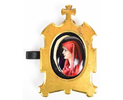 Limoges signed portrait miniature enamel on copper of a lady wearing a red cape, signed Thoumeaux verso, with ecclesiastical 