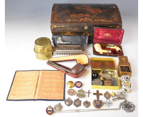 Lacquer box with Chinoiserie decoration and collectibles including Healey and Sons, Gloucester brass terminal, dip pen nibs, 
