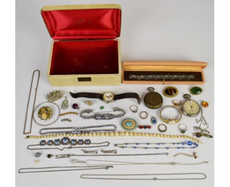 A collection of costume jewellery including silver brooch, bangle and ring, opal pendant, 9ct gold rings (7g, damaged), 18ct 