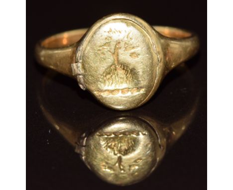 Victorian 18ct gold signet ring with oak tree decoration with locket compartment opening to reveal a portrait miniature depic
