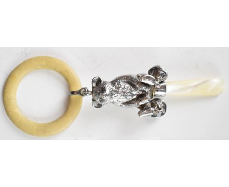 Hallmarked silver novelty baby's rattle with mother of pearl handle and teddy bear body, Birmingham 1933, maker&nbsp;Crisford