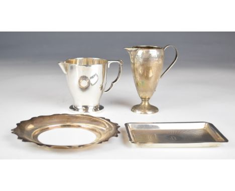 Hallmarked silver items comprising Mappin &amp; Webb Art Deco jug, height 8cm, further jug, Art Deco pin tray with engine tur