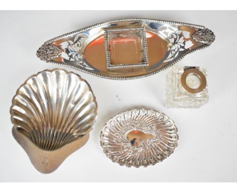 Edward VII hallmarked silver inkwell stand with mask handles, raised on four bun feet, Chester 1902, maker&nbsp;George Nathan