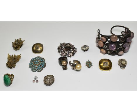 A pair of Balmain Paris earrings with matching ring, Chinese bangle set with amethyst and rose quartz, etc