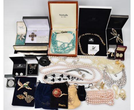 Collection of costume jewellery including Swarovski brooch, necklace and earrings, silver butterfly brooch, silver eternity r