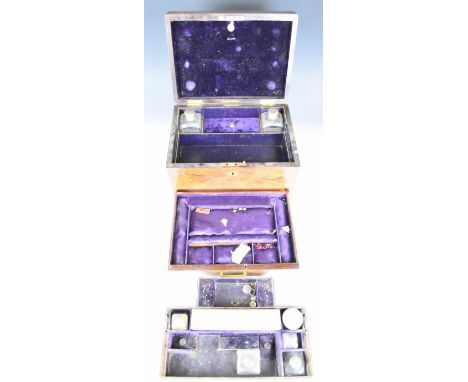 Victorian rosewood travelling vanity and jewellery box with hallmarked silver and other dressing table pots and bottles, two 