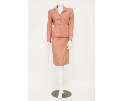 An Alberta Ferretti coral silk linen skirt suit,comprising of a jacket with button-up front, the pockets with contrasting sti