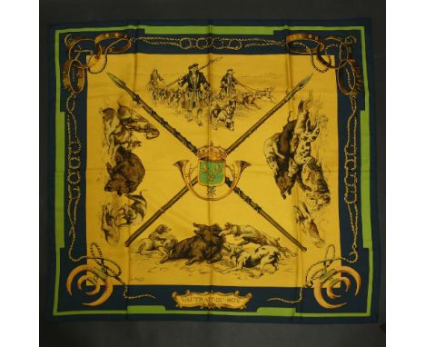 A vintage rare Hermès scarf,'Vautrait du Roy' designed by Charles Hallo, a golden ground with green border and printed huntin