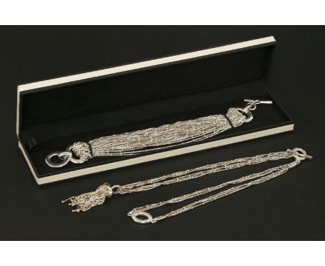 A Links of London sterling silver multi-strand box chain bracelet,with polished bead decoration, a feature oval ring to each 