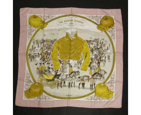 A vintage Hermès silk scarf,'On Epsom Downs 1836', designed by Philippe Ledoux, a white ground with pink border and printed r