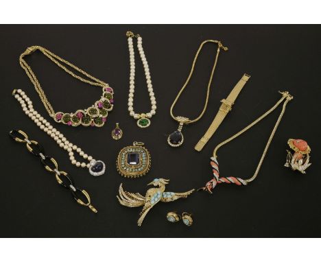 A Grosse gold-plated necklace, c.1960,with faux cabochon green and pink tourmalines, claw set to gadrooned crescents, scatter