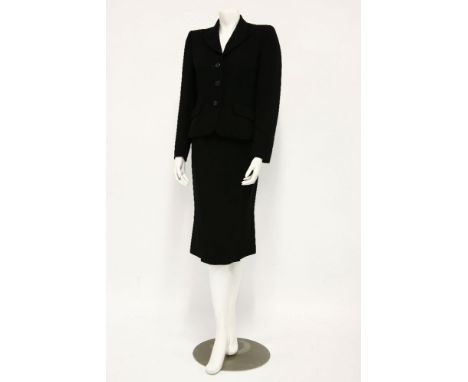 A Prada black wool linen skirt suit,button-up jacket with pockets and matching pencil skirt,size 40