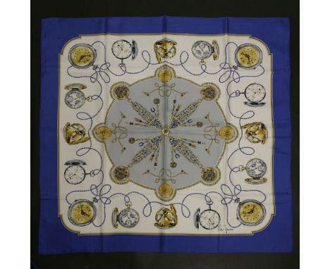 An Hermès silk scarf,'Brides de Gala', designed by Hugo Grygkan, a white ground with pink border and printed equestrian desig