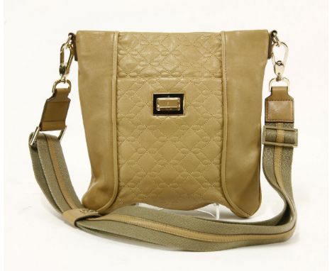 An Anya Hindmarch pale tan leather cross body handbag,an embroidered design to the front panel with classic gold-tone and ena