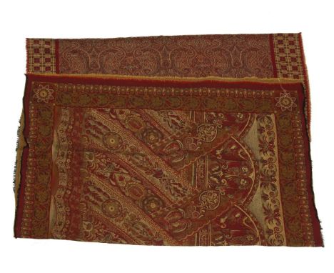 A Mulberry wool shawl, red ground with paisley woven design and check border, another similar wool shawl, red and cream desig