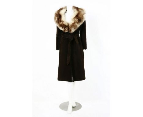 A vintage brown suede coat, c.1970, with fox fur collar
