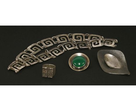 A Norwegian sterling silver leaf form brooch by J Tostrup of Oslo,with an incised cross hatched border, and a sterling silver